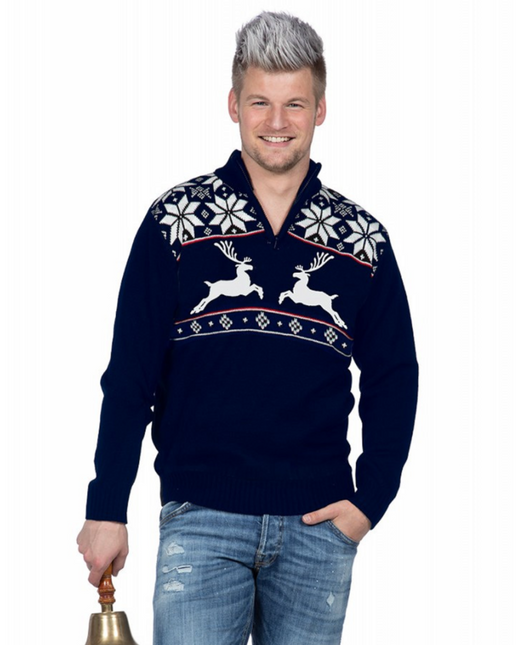 Feestbazaar Kersttrui Navy met rits Rendier