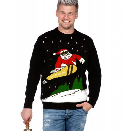 Feestbazaar Kersttrui zwart snowboard Santa