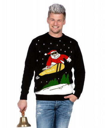 Feestbazaar Kersttrui zwart snowboard Santa