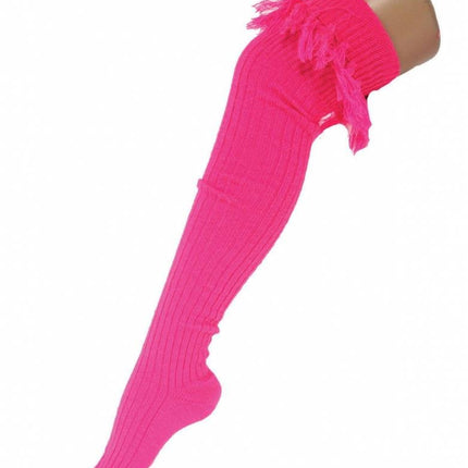 Feestbazaar Kniekousen fluor roze met kwastjes