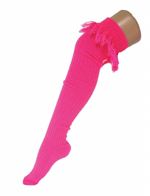 Feestbazaar Kniekousen fluor roze met kwastjes