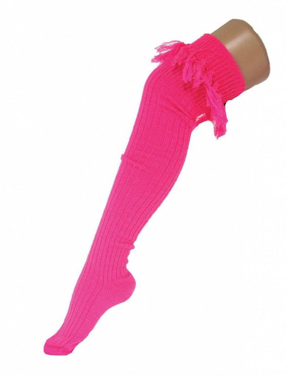 Feestbazaar Kniekousen fluor roze met kwastjes