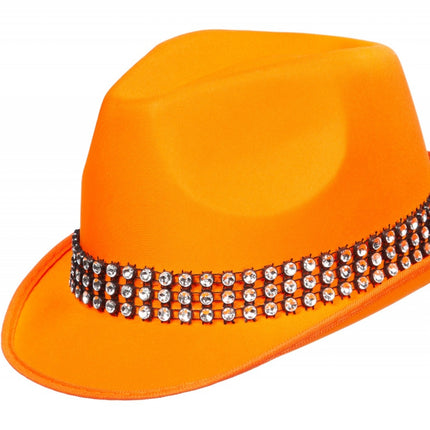 Feestbazaar Kojakhoed oranje met strass-band