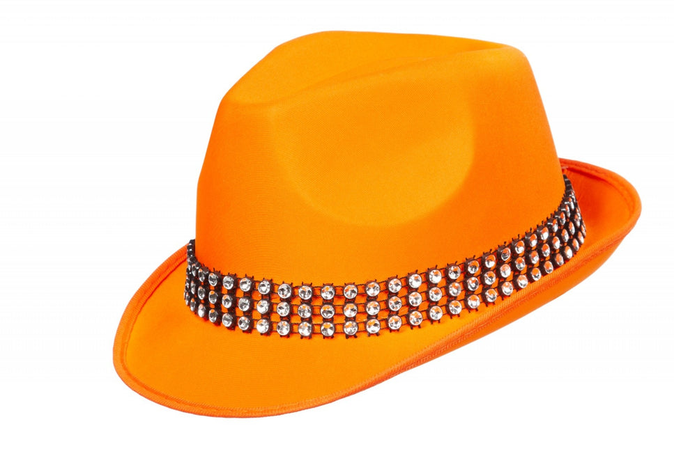 Feestbazaar Kojakhoed oranje met strass-band