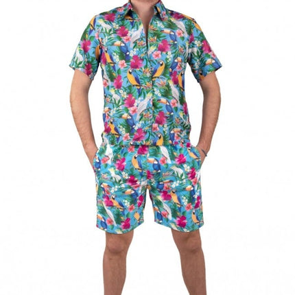 Feestbazaar Korte Broek Hawaii Papegaaien Blauw