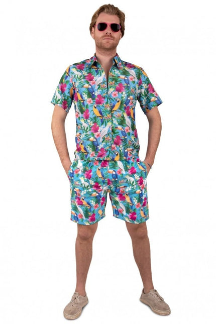 Feestbazaar Korte Broek Hawaii Papegaaien Blauw