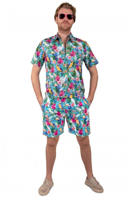 Feestbazaar Korte Broek Hawaii Papegaaien Blauw