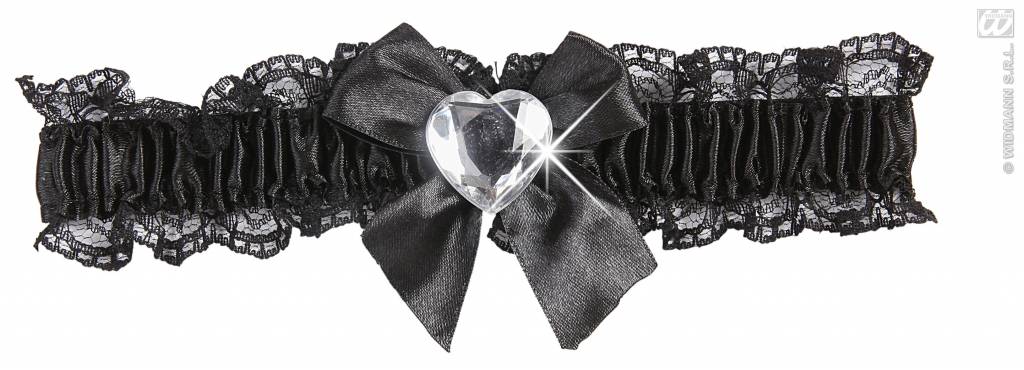 Feestbazaar Kousenband zwart met diamanten hartje