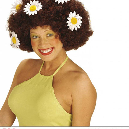 Feestbazaar Krulpruik Daisy bruin oversized met bloemen