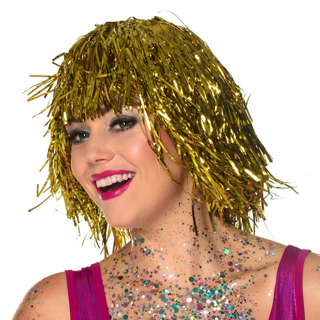 Feestbazaar Lametta pruik goud
