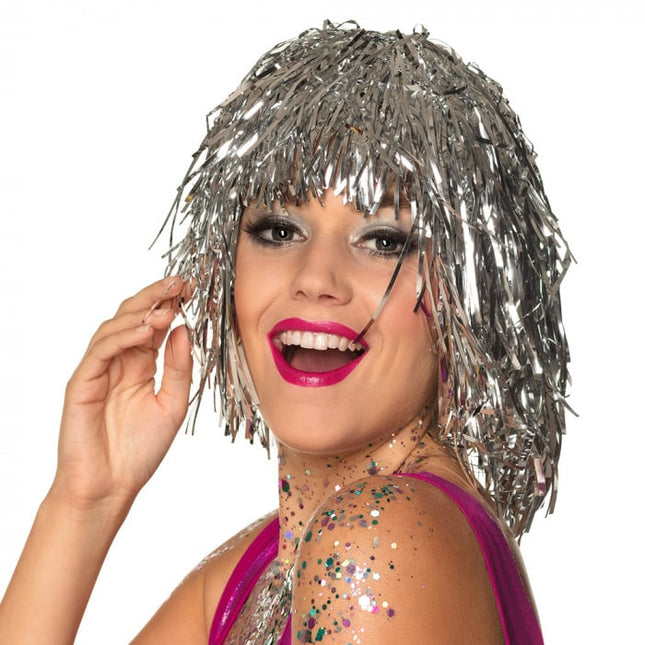 Feestbazaar Lametta pruik zilver