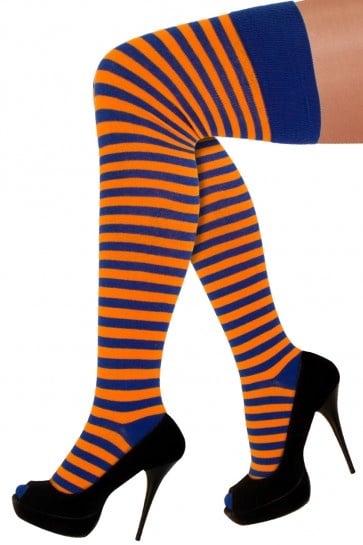 Feestbazaar Lange Sokken Oranje/Blauw Gestreept