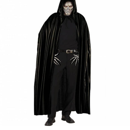 Feestbazaar Lange zwarte cape met kap 142cm