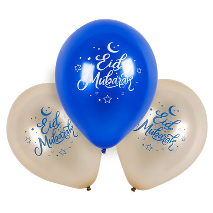 Feestbazaar Latex Ballonnen Eid Mubarak Blauw/Goud (6st)