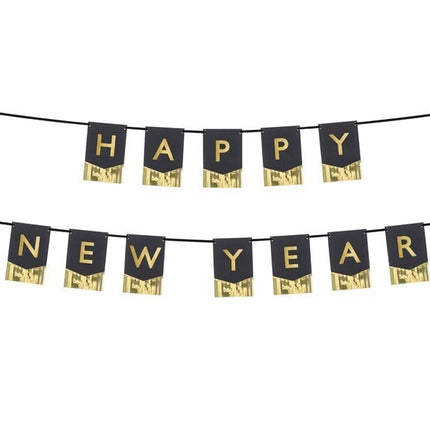 Feestbazaar Letter Banner Happy New Year Zwart met Goud (170cm)