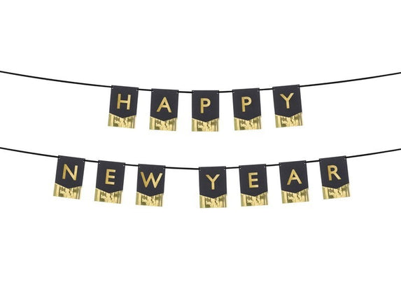 Feestbazaar Letter Banner Happy New Year Zwart met Goud (170cm)