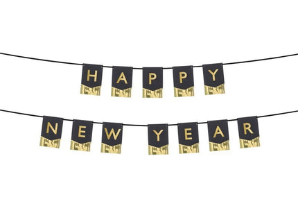 Feestbazaar Letter Banner Happy New Year Zwart met Goud (170cm)
