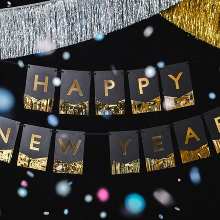 Feestbazaar Letter Banner Happy New Year Zwart met Goud (170cm)