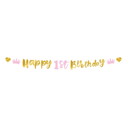 Feestbazaar Letterbanner Verjaardag Meisje 1 Jaar goud/roze (250cm)
