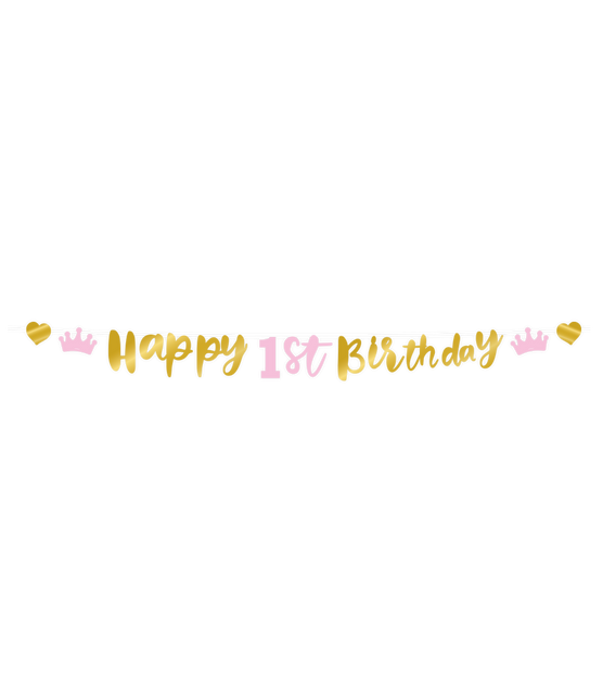 Feestbazaar Letterbanner Verjaardag Meisje 1 Jaar goud/roze (250cm)