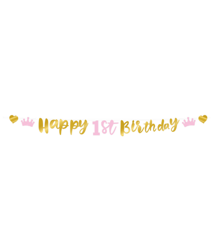 Feestbazaar Letterbanner Verjaardag Meisje 1 Jaar goud/roze (250cm)