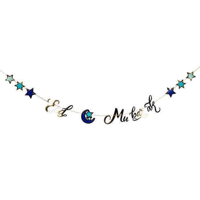 Feestbazaar Letterslinger 'Eid Mubarak' Blauw/Goud (250 cm)