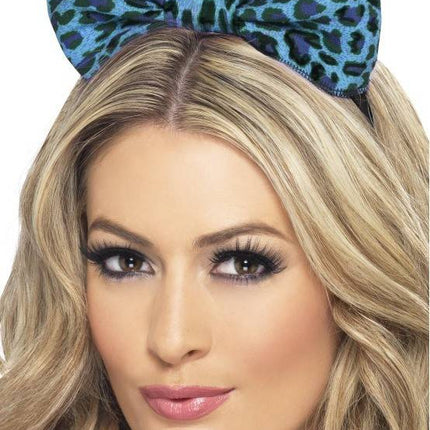 Feestbazaar Luipaard strik blauw op hoofdband