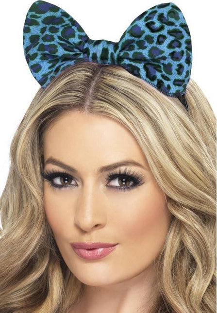 Feestbazaar Luipaard strik blauw op hoofdband