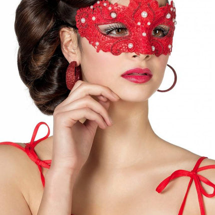 Feestbazaar Masker stof met parels rood