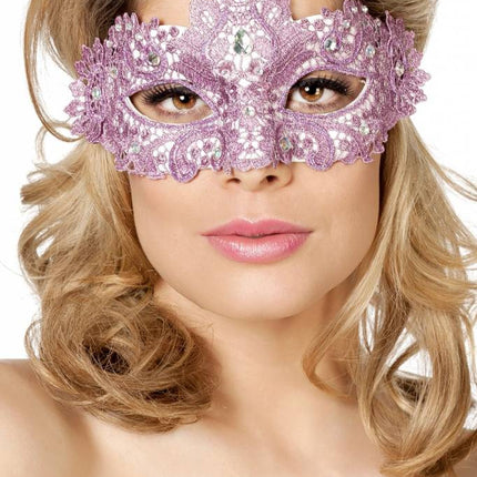Feestbazaar Masker stof met steentjes oud roze