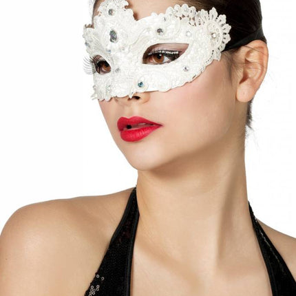 Feestbazaar Masker stof met steentjes wit