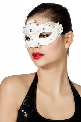 Feestbazaar Masker stof met steentjes wit