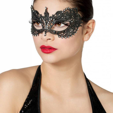 Feestbazaar Masker stof met steentjes zilver/zwart