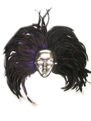 Feestbazaar Masker zilver met hoofdtooi veren zwart/paars