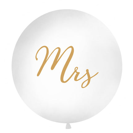 Feestbazaar Mega Ballon Pastel Wit met Gouden print Mrs - 1 meter
