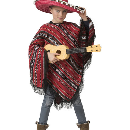 Feestbazaar Mexicaanse Poncho Rood/Zwart Miguel Kind