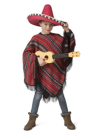Feestbazaar Mexicaanse Poncho Rood/Zwart Miguel Kind