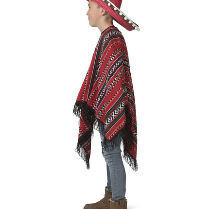 Feestbazaar Mexicaanse Poncho Rood/Zwart Miguel Kind