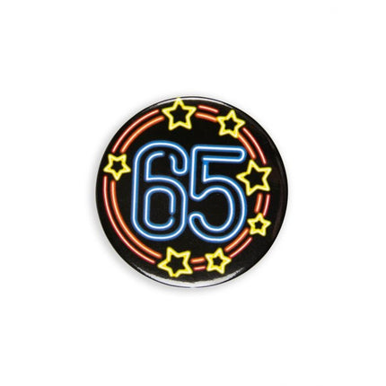 Feestbazaar Neon Button 65 Jaar (5,5cm)