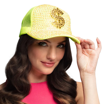Feestbazaar Neon Gele Dollar Pet met Strass