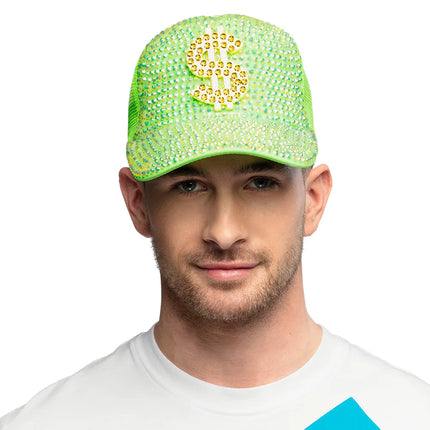 Feestbazaar Neon Groene Dollar Pet met Strass
