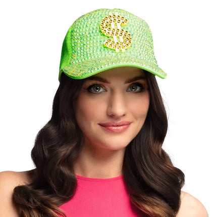 Feestbazaar Neon Groene Dollar Pet met Strass