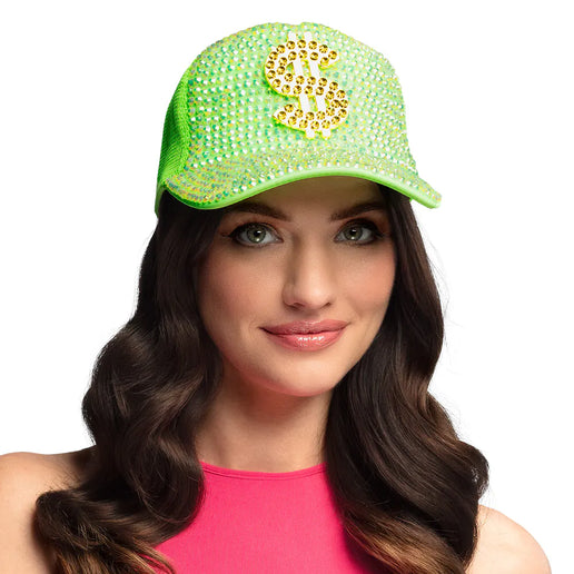 Feestbazaar Neon Groene Dollar Pet met Strass