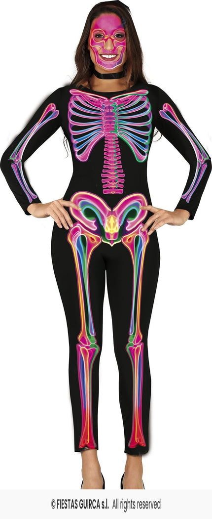 Feestbazaar Neon Jumpsuit Zwart Skelet Vrouw