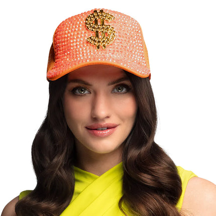 Feestbazaar Neon Oranje Dollar Pet met Strass