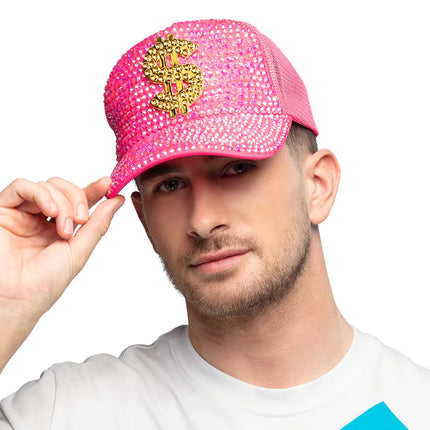 Feestbazaar Neon Roze Dollar Pet met Strass