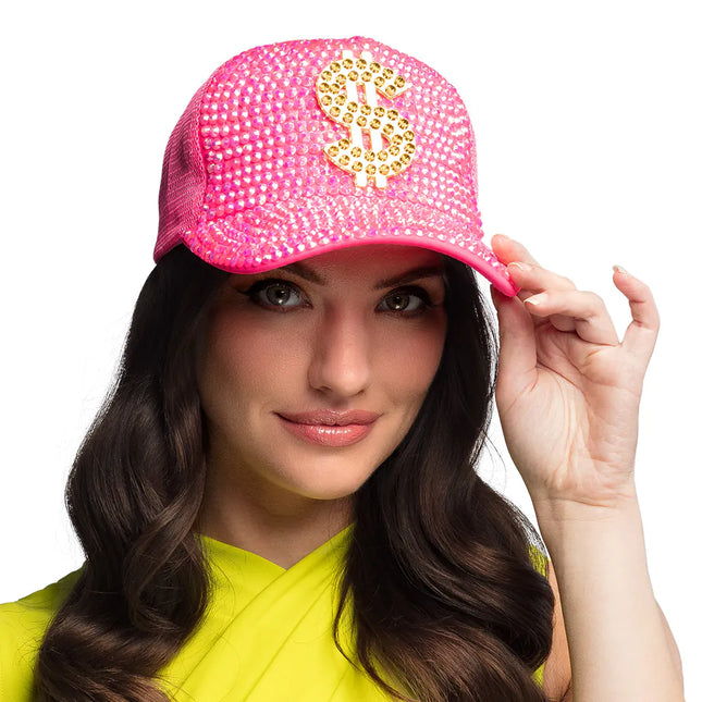 Feestbazaar Neon Roze Dollar Pet met Strass