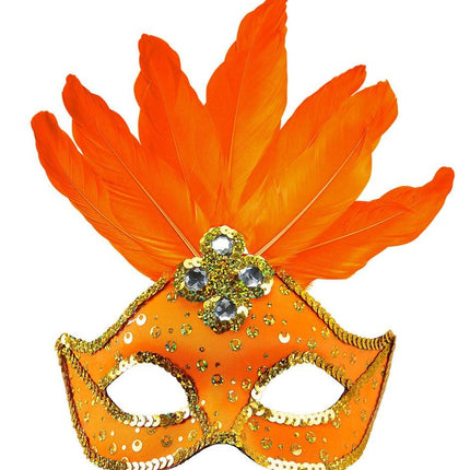 Feestbazaar Oogmasker met veren en parels neon oranje