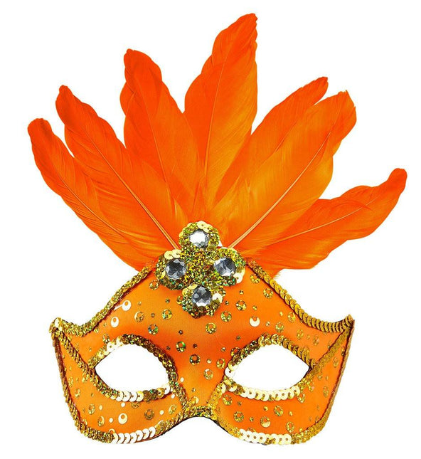 Feestbazaar Oogmasker met veren en parels neon oranje