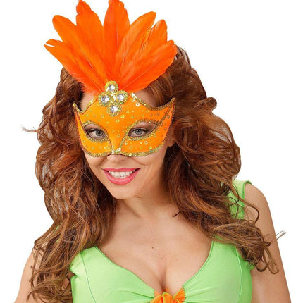 Feestbazaar Oogmasker met veren en parels neon oranje